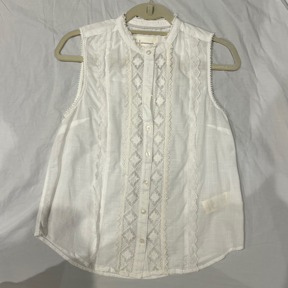 Anthropologie Ivory Lace Trim Blouse